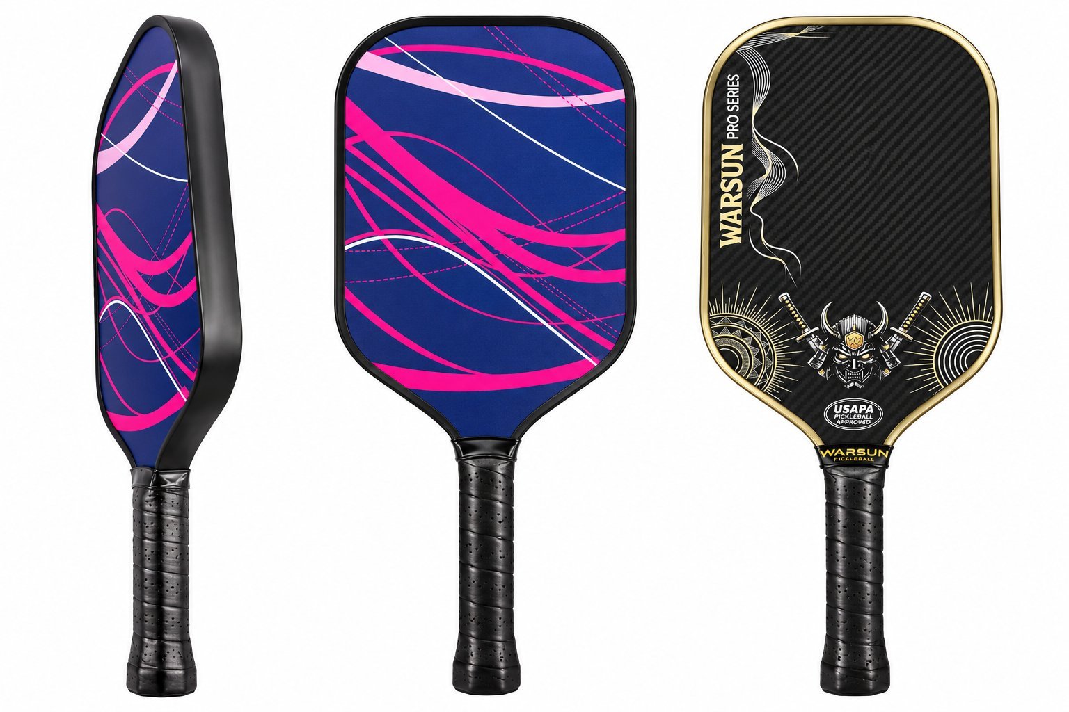 control16-paddle-three-views Control 16 pickleball paddle – front, side and back views