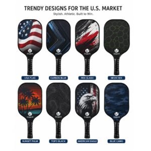 Gloperti thermoformed T700 pickleball paddle lineup - eight carbon-face graphic designs for the U.S. market, including USA flag, carbon blue, red slash and neon hex